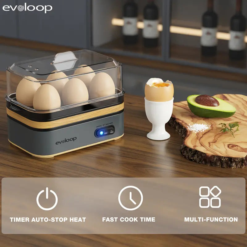 EVOLOOP Automatic Egg Cooker Machine - 6-Capacity Bisphenol a (Bpa)-Free Compact Electric Food Steamer with Lid, Buzzer Alert, Kitchen Appliances for Indoor Use