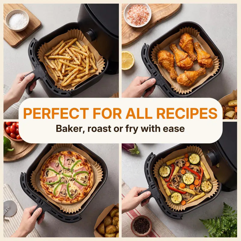 Air Fryer Paper Liners, 100Pcs Parchment Paper,After Sunrise Air Fryer Liners Disposable for Microwave, Non-Stick Air Fryer Liner Square Free of Bleach (6.3IN)