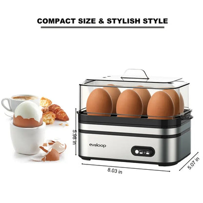 EVOLOOP Automatic Egg Cooker Machine - 6-Capacity Bisphenol a (Bpa)-Free Compact Electric Food Steamer with Lid, Buzzer Alert, Kitchen Appliances for Indoor Use