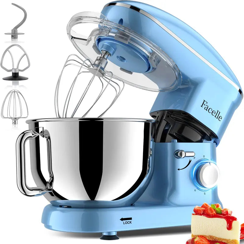 FACELLE 4-In-1 Tilt-Head Electric Stand Mixer, 6.5 QT Bowl, 660W Power, 6+P Speeds, 120V, 360° Stirring Kitchen Appliance with Beater, Dough Hook, Whisk, Egg Separator, Scraper, Overheat Protect for Baking Lovers, Cakes
