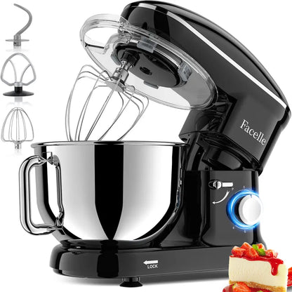 FACELLE 4-In-1 Tilt-Head Electric Stand Mixer, 6.5 QT Bowl, 660W Power, 6+P Speeds, 120V, 360° Stirring Kitchen Appliance with Beater, Dough Hook, Whisk, Egg Separator, Scraper, Overheat Protect for Baking Lovers, Cakes