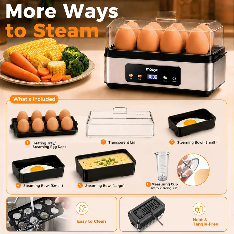 Mooye Quick Automatic Electric Egg Cooker - Kitchen Appliances Cooking Equipment, 8 Eggs Capacity, Multiple Modes (Poached, Omelet), Versatile Doneness Settings, Auto Shut-Off Function, Digital Display, Lid, Household Specialty Appliance for Families