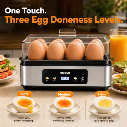 Mooye Quick Automatic Electric Egg Cooker - Kitchen Appliances Cooking Equipment, 8 Eggs Capacity, Multiple Modes (Poached, Omelet), Versatile Doneness Settings, Auto Shut-Off Function, Digital Display, Lid, Household Specialty Appliance for Families