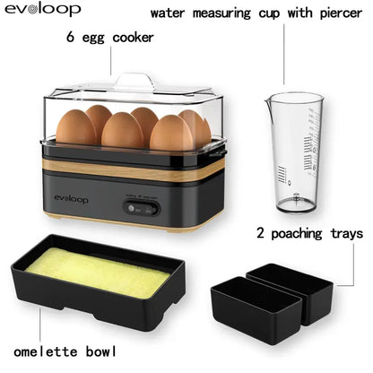 EVOLOOP Automatic Egg Cooker Machine - 6-Capacity Bisphenol a (Bpa)-Free Compact Electric Food Steamer with Lid, Buzzer Alert, Kitchen Appliances for Indoor Use