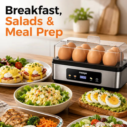 Mooye Quick Automatic Electric Egg Cooker - Kitchen Appliances Cooking Equipment, 8 Eggs Capacity, Multiple Modes (Poached, Omelet), Versatile Doneness Settings, Auto Shut-Off Function, Digital Display, Lid, Household Specialty Appliance for Families