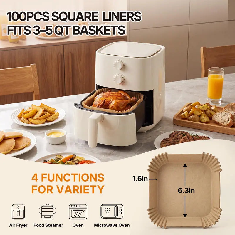 Air Fryer Paper Liners, 100Pcs Parchment Paper,After Sunrise Air Fryer Liners Disposable for Microwave, Non-Stick Air Fryer Liner Square Free of Bleach (6.3IN)