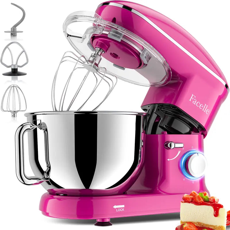 FACELLE 4-In-1 Tilt-Head Electric Stand Mixer, 6.5 QT Bowl, 660W Power, 6+P Speeds, 120V, 360° Stirring Kitchen Appliance with Beater, Dough Hook, Whisk, Egg Separator, Scraper, Overheat Protect for Baking Lovers, Cakes