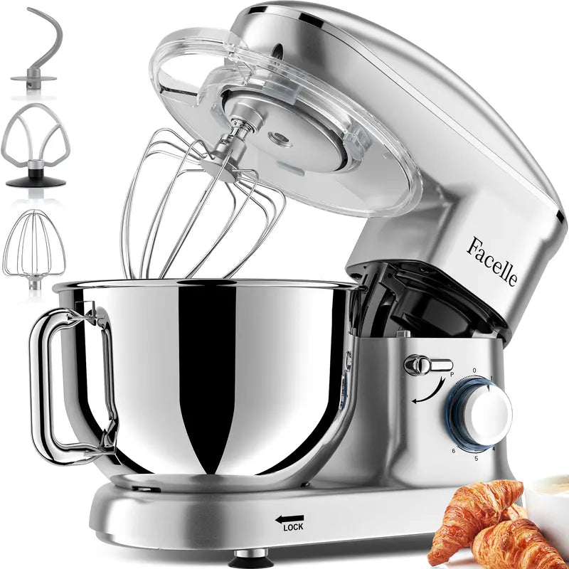 FACELLE 4-In-1 Tilt-Head Electric Stand Mixer, 6.5 QT Bowl, 660W Power, 6+P Speeds, 120V, 360° Stirring Kitchen Appliance with Beater, Dough Hook, Whisk, Egg Separator, Scraper, Overheat Protect for Baking Lovers, Cakes