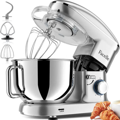 FACELLE 4-In-1 Tilt-Head Electric Stand Mixer, 6.5 QT Bowl, 660W Power, 6+P Speeds, 120V, 360° Stirring Kitchen Appliance with Beater, Dough Hook, Whisk, Egg Separator, Scraper, Overheat Protect for Baking Lovers, Cakes