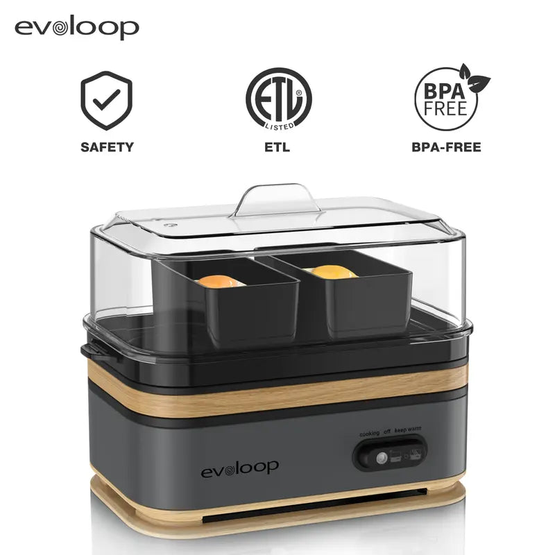 EVOLOOP Automatic Egg Cooker Machine - 6-Capacity Bisphenol a (Bpa)-Free Compact Electric Food Steamer with Lid, Buzzer Alert, Kitchen Appliances for Indoor Use