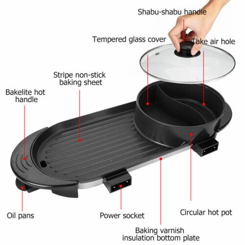 2-in-1 Electric Hot Pot & BBQ Grill Smokeless Barbecue Pan