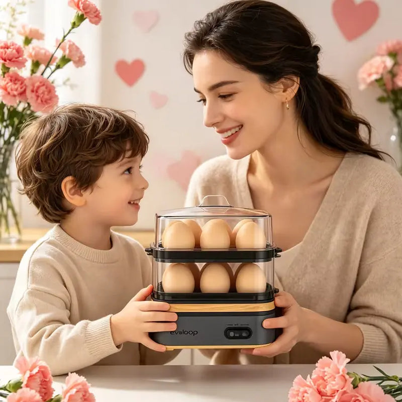 EVOLOOP Automatic Egg Cooker Machine - 6-Capacity Bisphenol a (Bpa)-Free Compact Electric Food Steamer with Lid, Buzzer Alert, Kitchen Appliances for Indoor Use