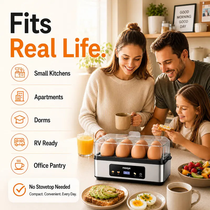 Mooye Quick Automatic Electric Egg Cooker - Kitchen Appliances Cooking Equipment, 8 Eggs Capacity, Multiple Modes (Poached, Omelet), Versatile Doneness Settings, Auto Shut-Off Function, Digital Display, Lid, Household Specialty Appliance for Families