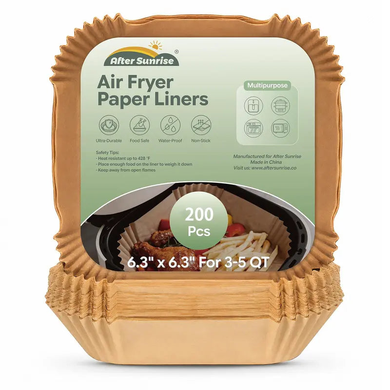 Air Fryer Paper Liners, 100Pcs Parchment Paper,After Sunrise Air Fryer Liners Disposable for Microwave, Non-Stick Air Fryer Liner Square Free of Bleach (6.3IN)