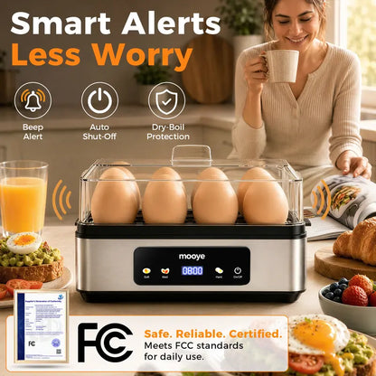 Mooye Quick Automatic Electric Egg Cooker - Kitchen Appliances Cooking Equipment, 8 Eggs Capacity, Multiple Modes (Poached, Omelet), Versatile Doneness Settings, Auto Shut-Off Function, Digital Display, Lid, Household Specialty Appliance for Families