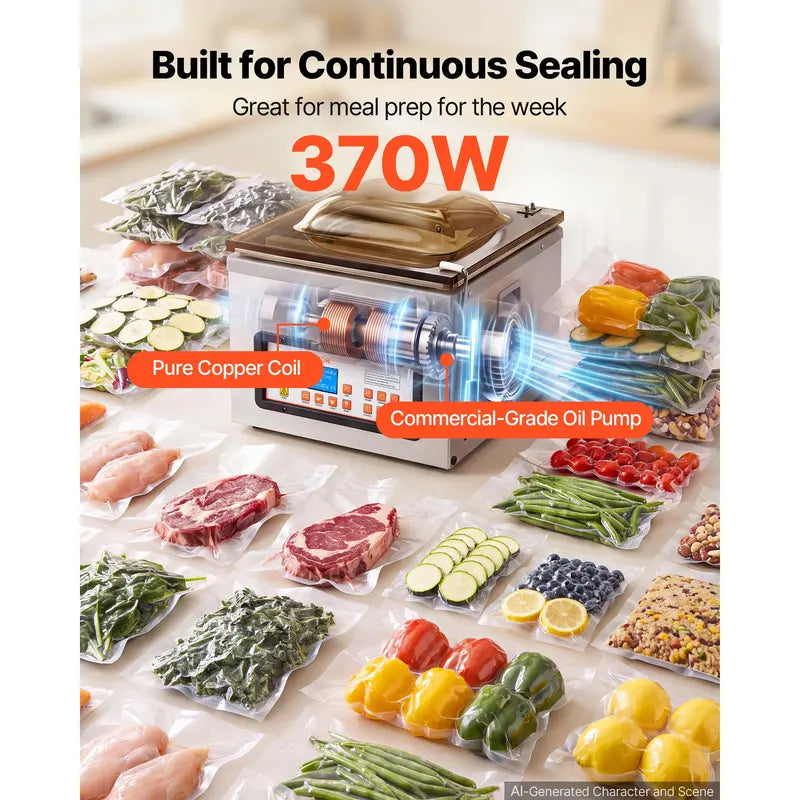 VEVOR Smart Control Chamber Vacuum Sealer, 3.1 Gal Chamber, 12" Seal Bar Packing Machine, 370W Commercial-Grade Oil Pump, Home Kitchen Use for Meats & Marinades, Mason Jar Kit Compatible, Sous Vide Ready, Smart Control Vacuum Sealers