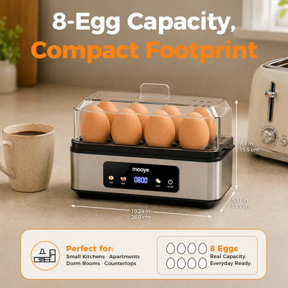 Mooye Quick Automatic Electric Egg Cooker - Kitchen Appliances Cooking Equipment, 8 Eggs Capacity, Multiple Modes (Poached, Omelet), Versatile Doneness Settings, Auto Shut-Off Function, Digital Display, Lid, Household Specialty Appliance for Families