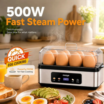 Mooye Quick Automatic Electric Egg Cooker - Kitchen Appliances Cooking Equipment, 8 Eggs Capacity, Multiple Modes (Poached, Omelet), Versatile Doneness Settings, Auto Shut-Off Function, Digital Display, Lid, Household Specialty Appliance for Families