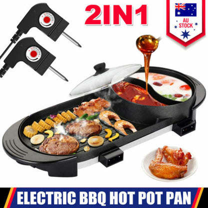 2-in-1 Electric Hot Pot & BBQ Grill Smokeless Barbecue Pan