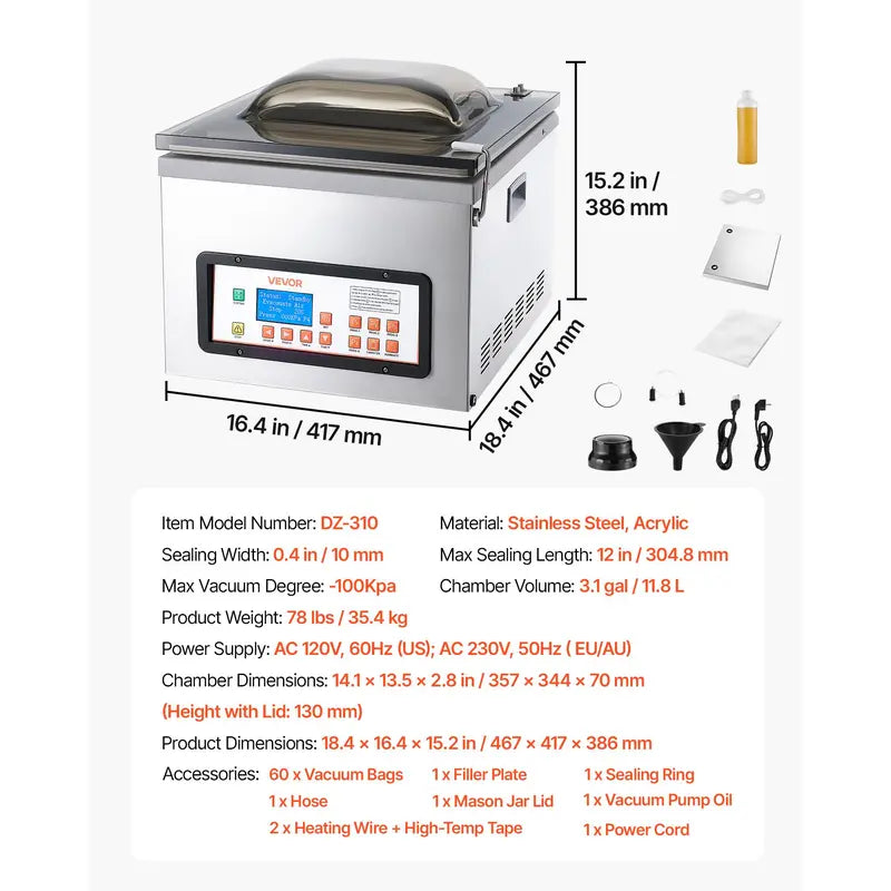 VEVOR Smart Control Chamber Vacuum Sealer, 3.1 Gal Chamber, 12" Seal Bar Packing Machine, 370W Commercial-Grade Oil Pump, Home Kitchen Use for Meats & Marinades, Mason Jar Kit Compatible, Sous Vide Ready, Smart Control Vacuum Sealers